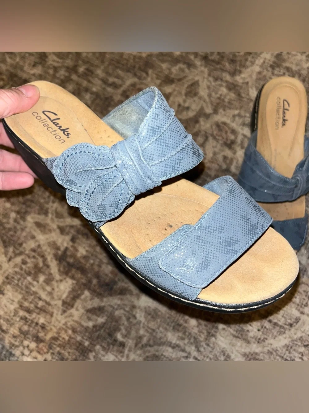 Clarks Women's Merliah Charm Blue Grey SANDAL WEDGE SLIP ON SIZE 8.5